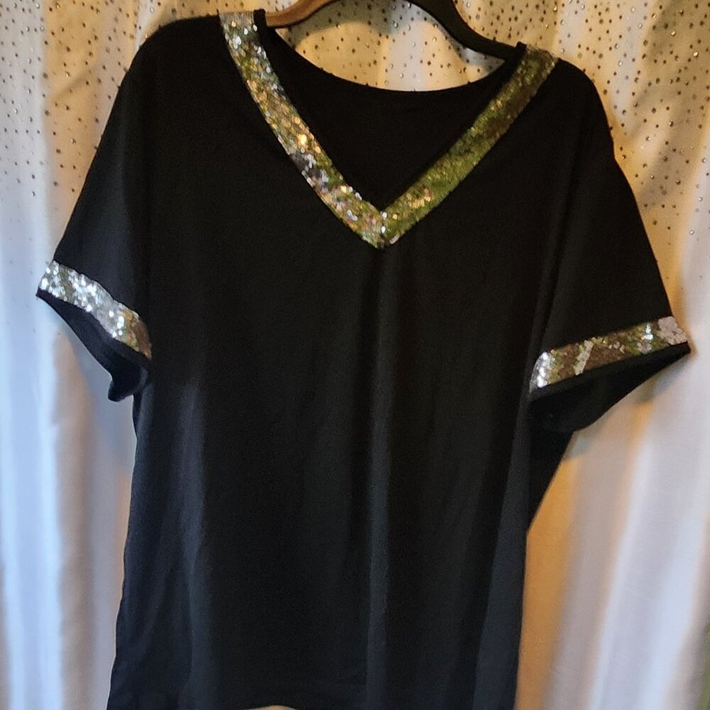✨ Black T-Shirt with Silver Sequin Sleeves & Collar – Holiday Ready